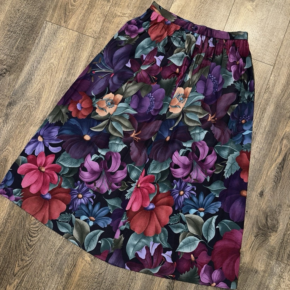 Vintage Alfred Dunner Midi Skirt Womens Sz 8 Bright Floral Dark Romantic USA - Picture 5 of 12